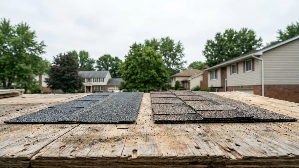 Two asphalt shingle samples side by side on weathered plywood in daylight, one flat three-tab strip and one thick laminated dimensional shingle with visible shadow lines and granules