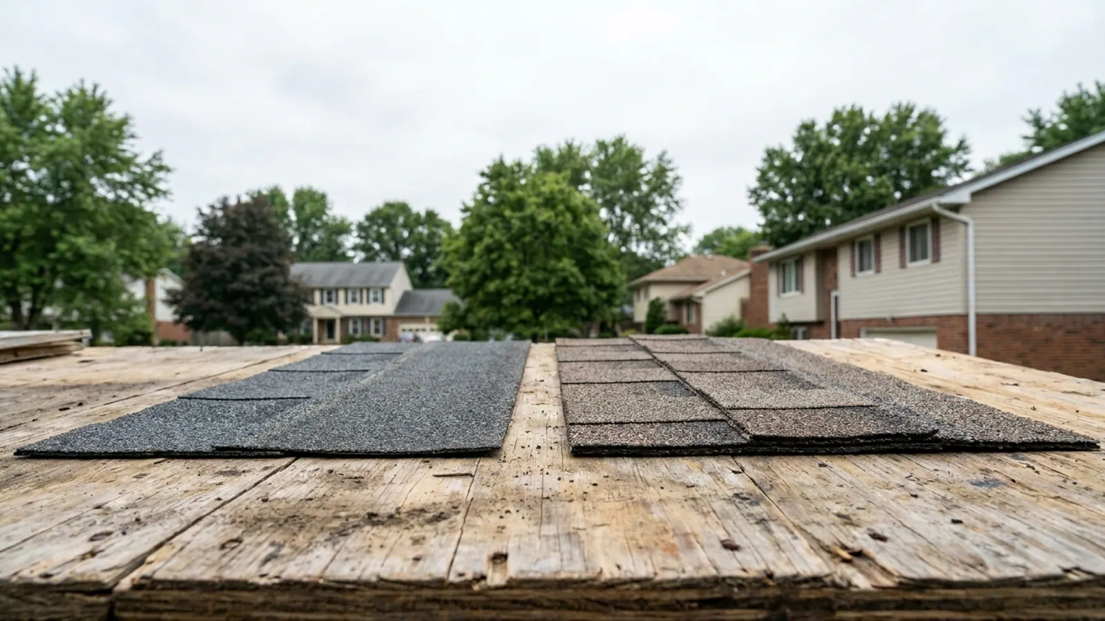 Two asphalt shingle samples side by side on weathered plywood in daylight, one flat three-tab strip and one thick laminated dimensional shingle with visible shadow lines and granules