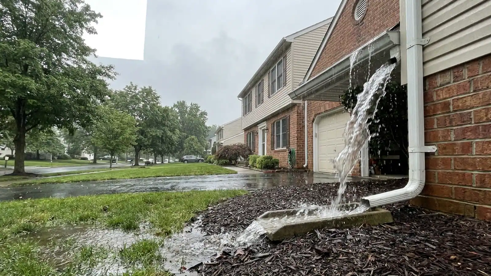 Corner of a suburban house during heavy rain with water pouring over the front edge of a white gutter while a single downspout discharges onto a splash block over saturated mulch and lawn