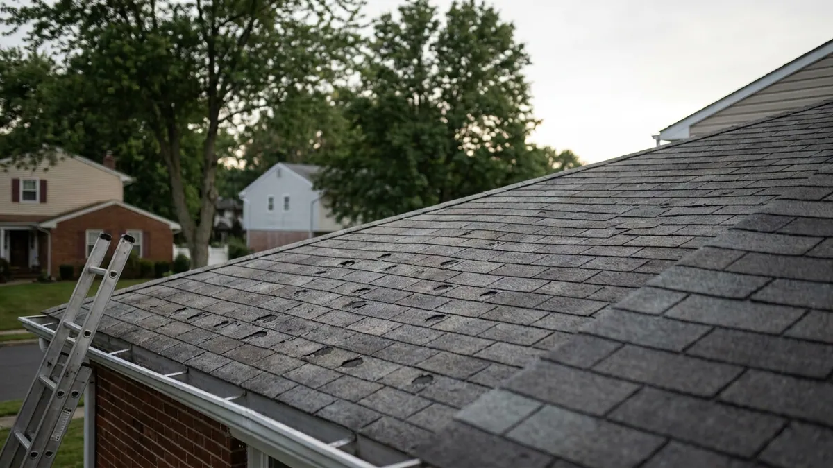 One slope of an asphalt shingle roof showing patches of missing granules and lifted shingles, the adjoining slope intact, and an extension ladder resting against the gutter line in late-day light
