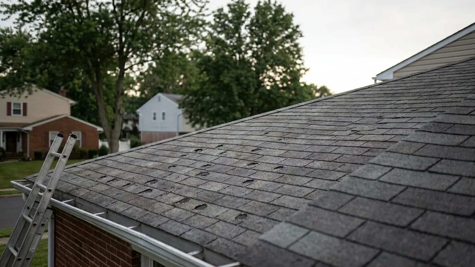 One slope of an asphalt shingle roof showing patches of missing granules and lifted shingles, the adjoining slope intact, and an extension ladder resting against the gutter line in late-day light