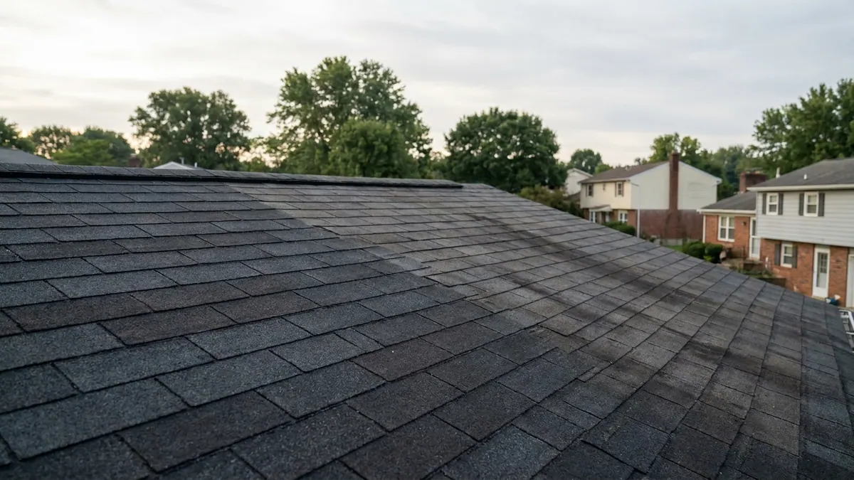 Close-up of a sloped asphalt shingle roof in morning light, one area of charcoal architectural shingles clean and an adjacent area showing faint dark discoloration, with blurred shade trees behind
