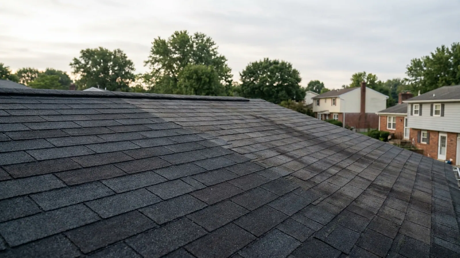 Close-up of a sloped asphalt shingle roof in morning light, one area of charcoal architectural shingles clean and an adjacent area showing faint dark discoloration, with blurred shade trees behind