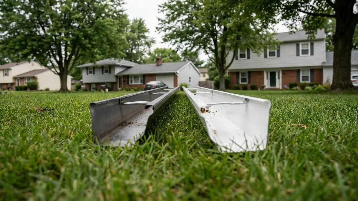 Two gutter sections lying on grass in daylight, one smooth painted aluminum K-style section and one white plastic section, with the texture and edge thickness of each clearly visible