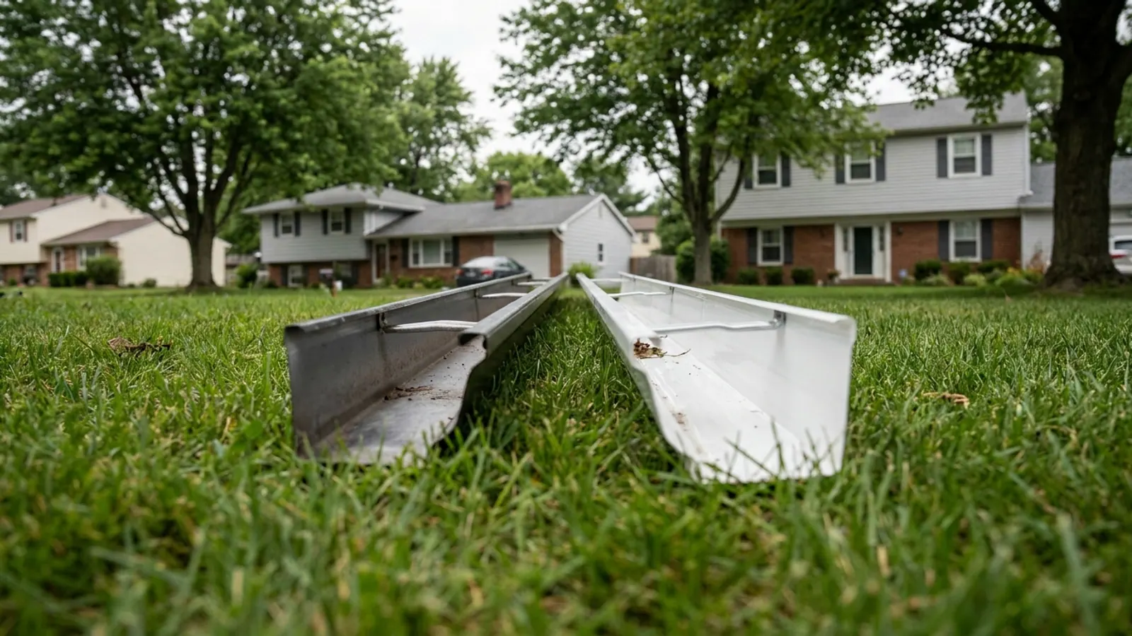 Two gutter sections lying on grass in daylight, one smooth painted aluminum K-style section and one white plastic section, with the texture and edge thickness of each clearly visible