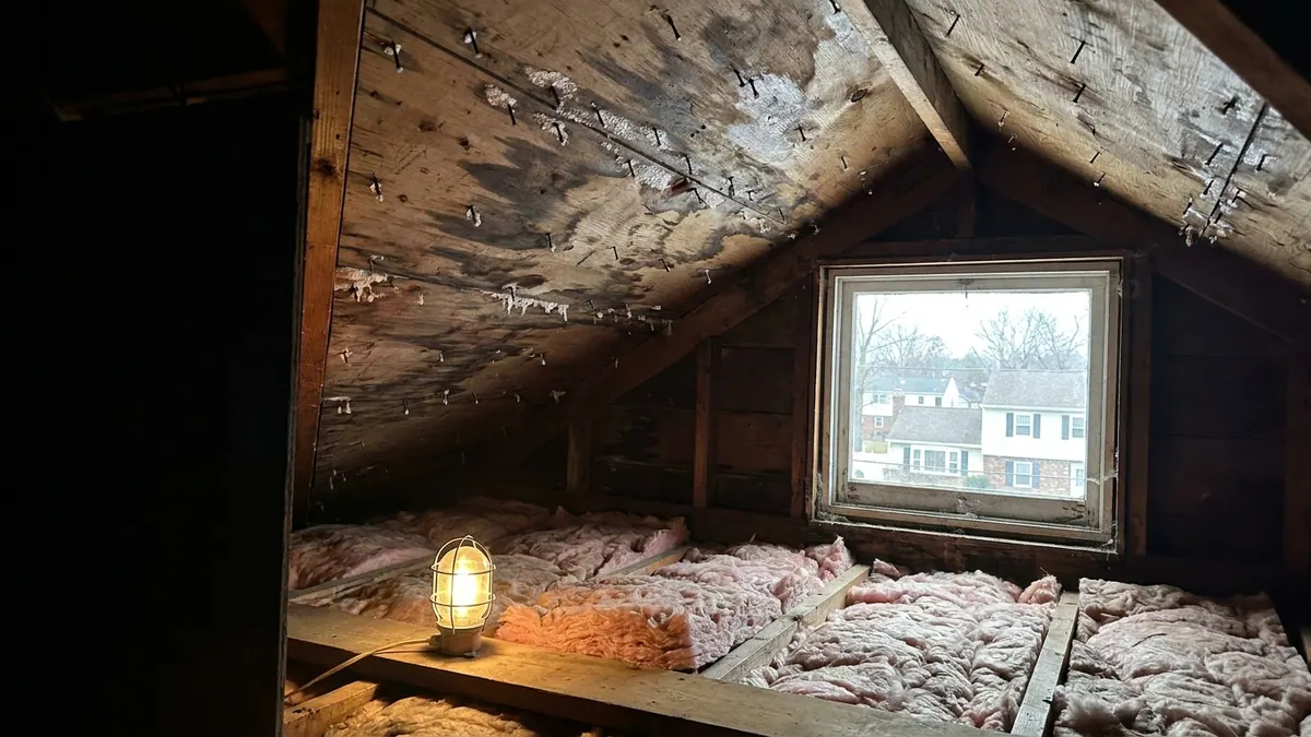 Interior attic view with damp dark staining on the underside of roof sheathing, frost crystals on exposed nail points, and fiberglass insulation between joists under a single work light
