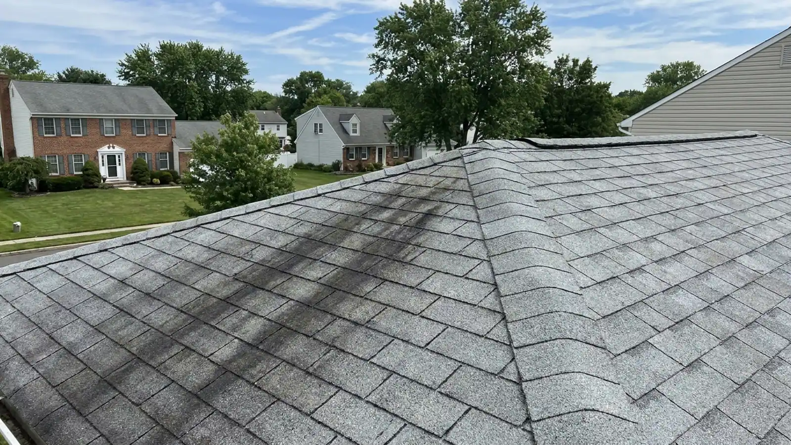 Asphalt shingle roof slope in sunlight with dark vertical algae streaks running down from the ridge, granule texture visible against blue sky