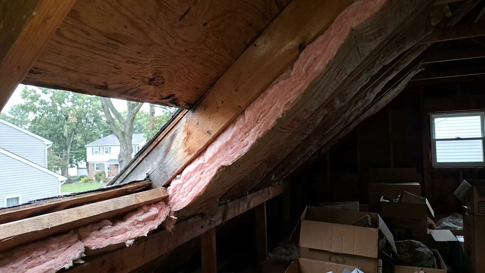Attic eave close-up with fiberglass batt insulation pushed tight against the underside of the roof deck between rafters, daylight entering through a narrow gap at the vent