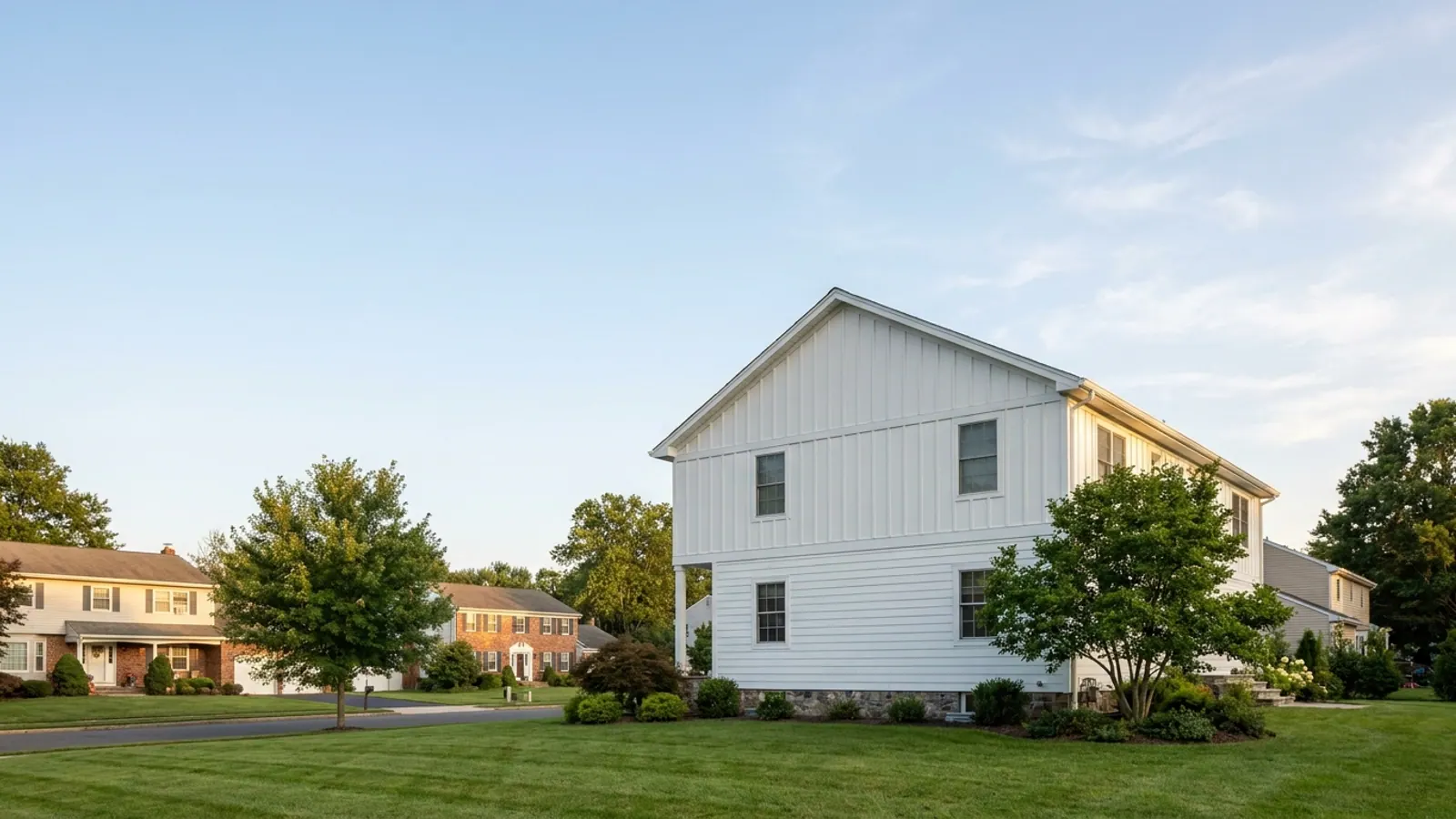 Two-story colonial with white vertical board and batten vinyl siding on the gable end above horizontal lap siding, photographed in late afternoon light from the front lawn