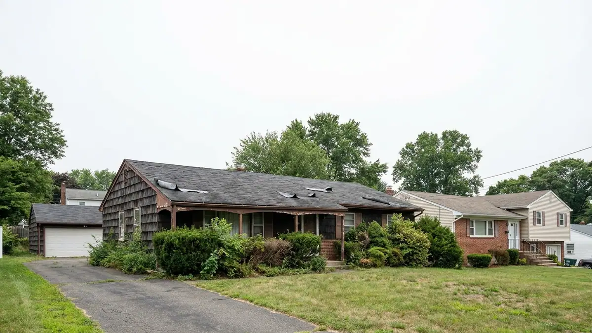 Single-story ranch house with worn dark asphalt shingles showing curled edges and uneven courses, overgrown foundation shrubs and an empty driveway under a pale sky