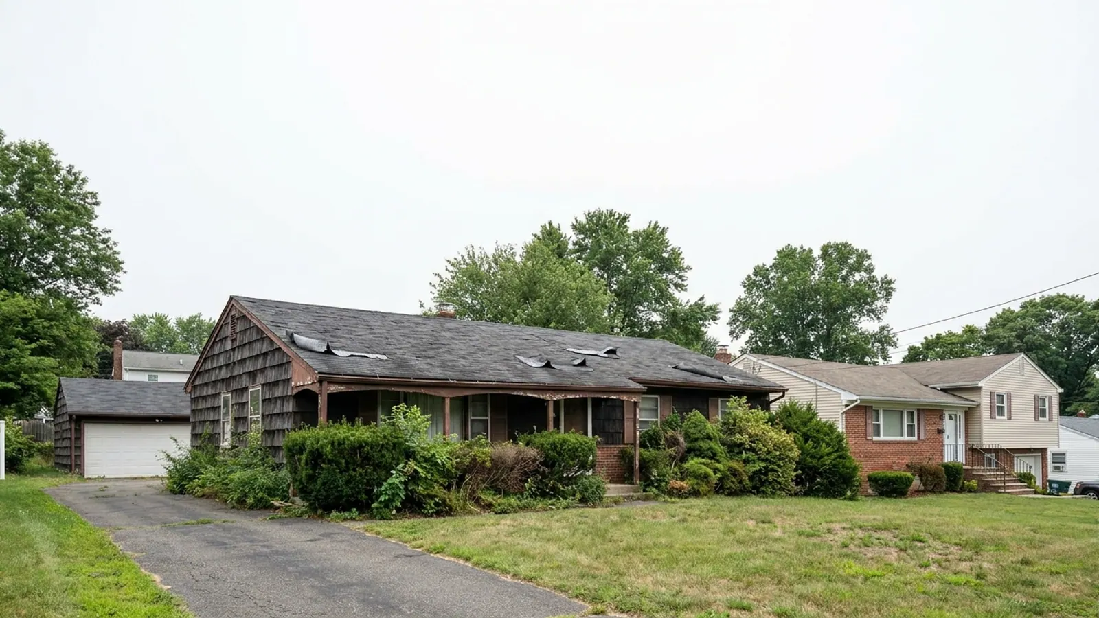 Single-story ranch house with worn dark asphalt shingles showing curled edges and uneven courses, overgrown foundation shrubs and an empty driveway under a pale sky