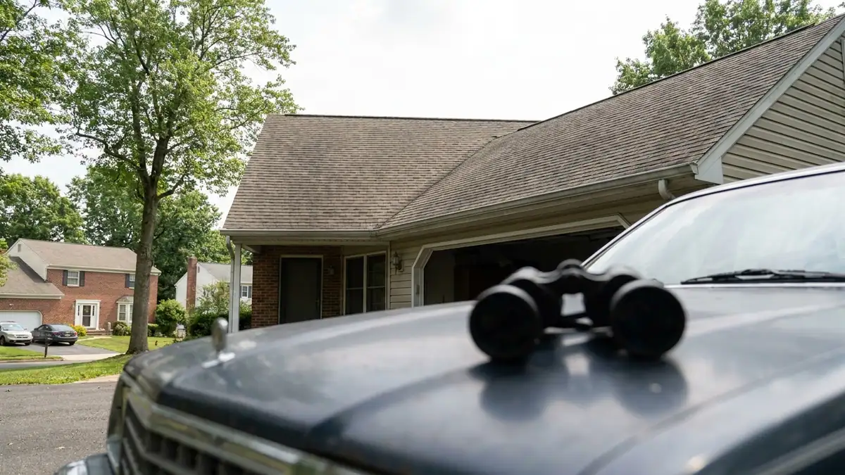 Ground-level view from a driveway looking up at an asphalt shingle roof with straight shingle courses, the ridge line and the gutter edge visible, a pair of binoculars resting on a car hood in the foreground