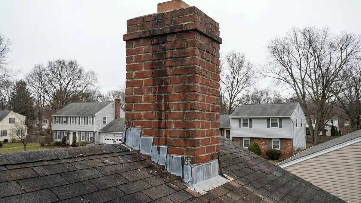 Brick chimney rising through an asphalt shingle roof with step flashing and counterflashing along the brick and water staining on the mortar