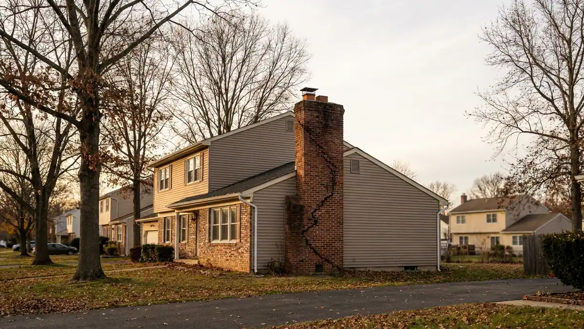 Weathered brick chimney with cracked mortar joints and a rusted cap rising through an asphalt shingle roof slope on a two-story colonial, bare trees and late afternoon sky