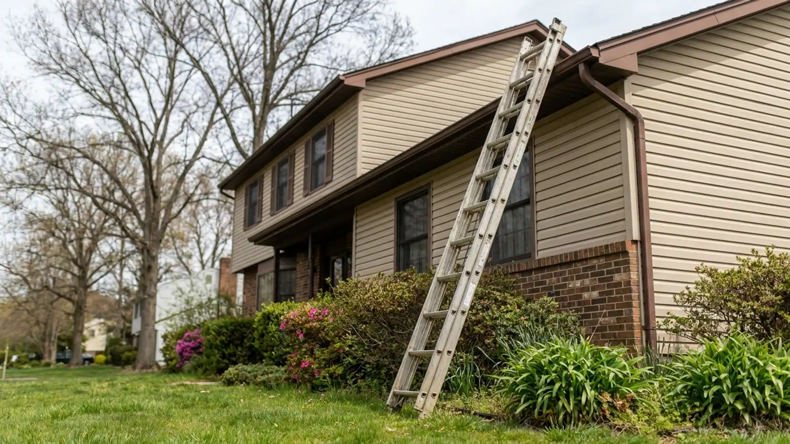 Extension ladder leaning against the gutter line at the side of a two-story house with siding and foundation plantings, nobody on the ladder