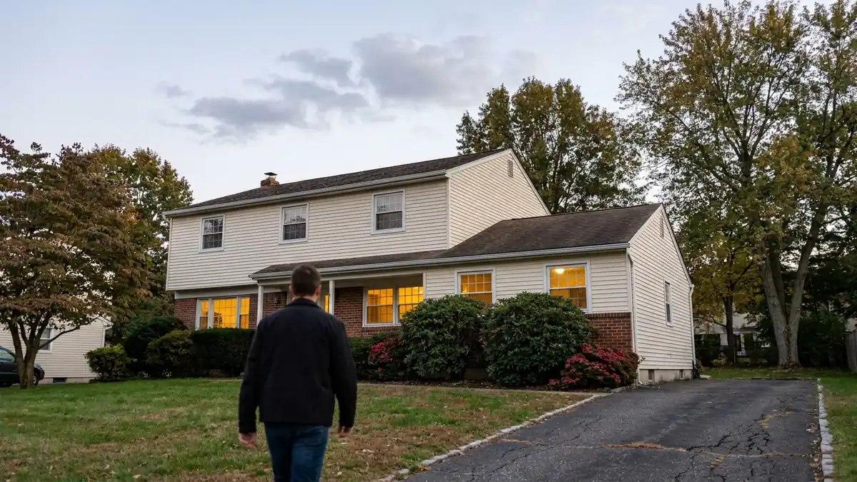 Front elevation of a two-story suburban home at dusk with warm light in the windows and a driveway in the foreground