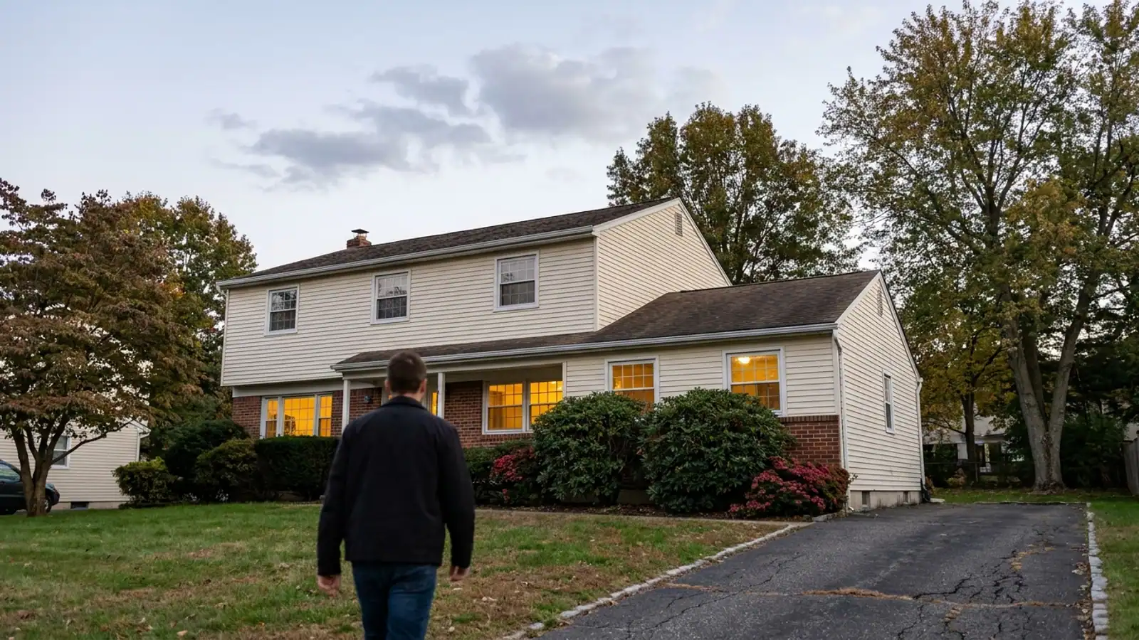 Front elevation of a two-story suburban home at dusk with warm light in the windows and a driveway in the foreground