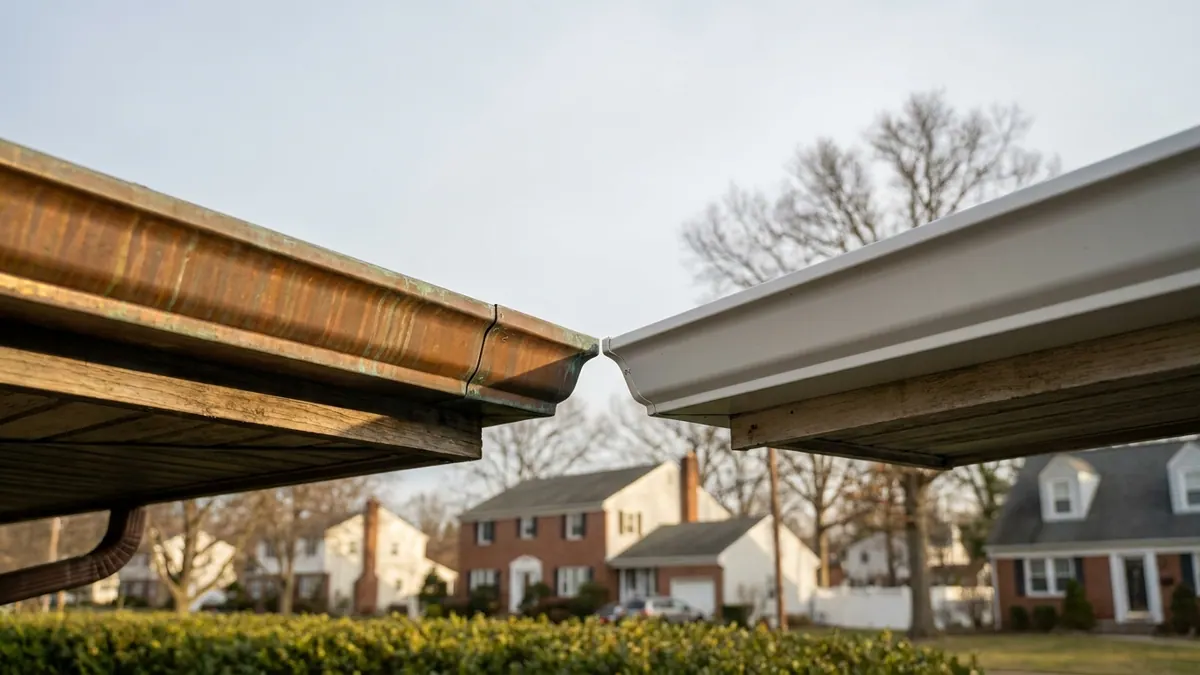 Detail of a patinated copper K-style gutter and a white aluminum K-style gutter mounted on adjacent fascia boards in raking morning light