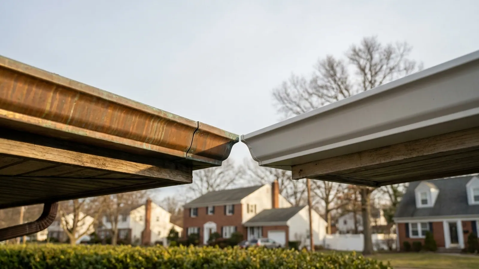 Detail of a patinated copper K-style gutter and a white aluminum K-style gutter mounted on adjacent fascia boards in raking morning light