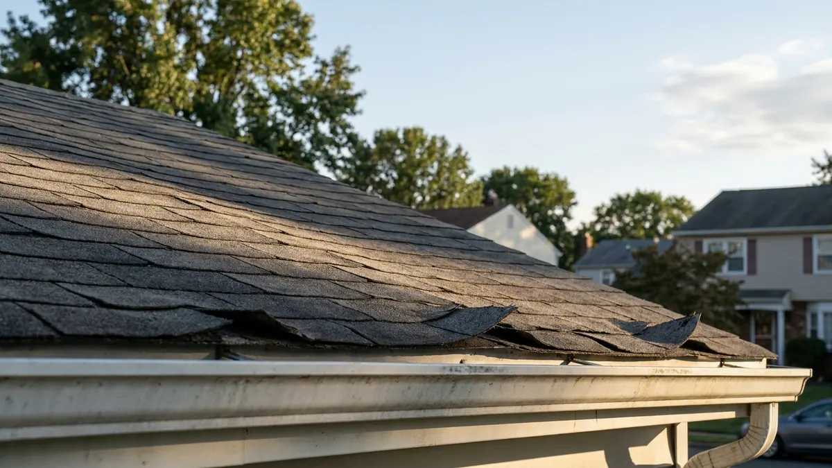 Asphalt shingle roof slope seen from the ground in low side light, shingle corners lifted and curled upward across the surface, white gutter and fascia along the eave below