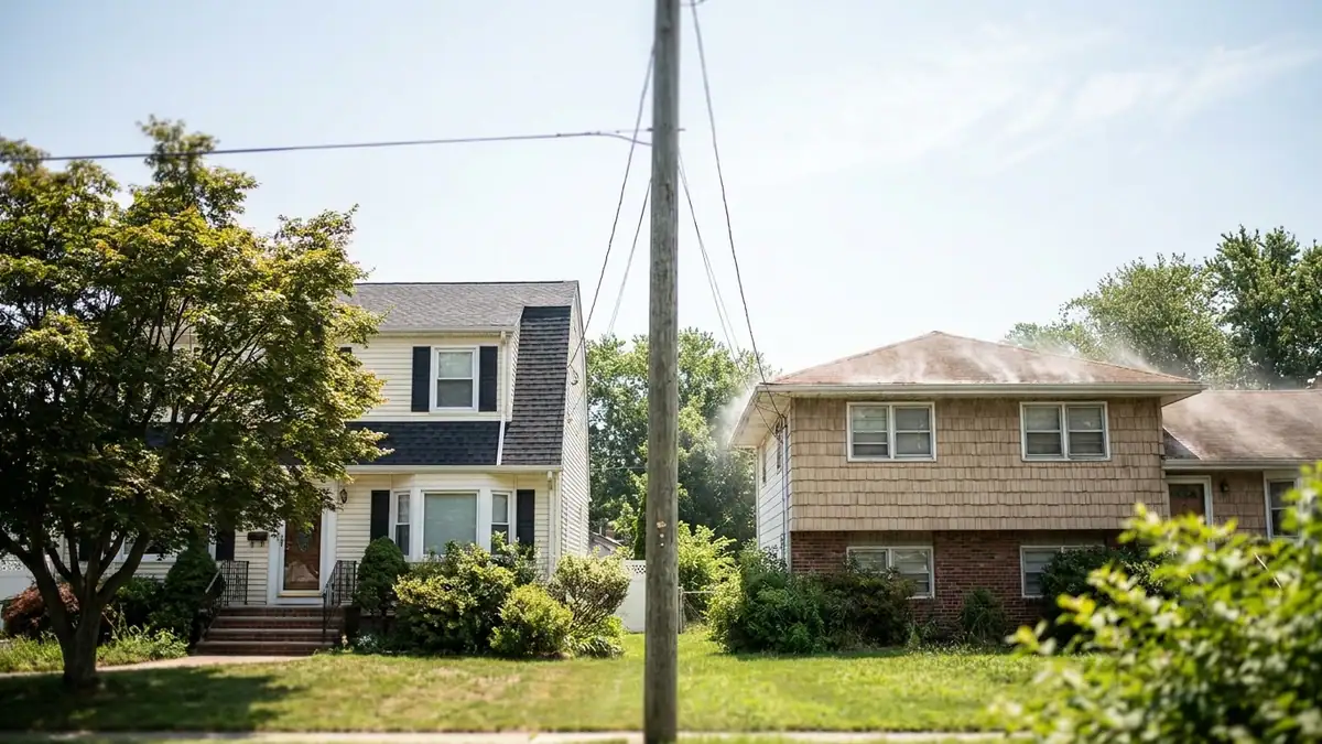 Two neighboring suburban houses in bright midday sun, one with charcoal architectural shingles and one with weathered tan shingles, under open sky