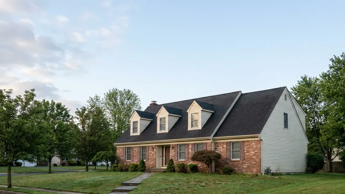 Two-story colonial home with three gabled dormers on a steep asphalt shingle roof, photographed from the front lawn in soft morning light with open sky above