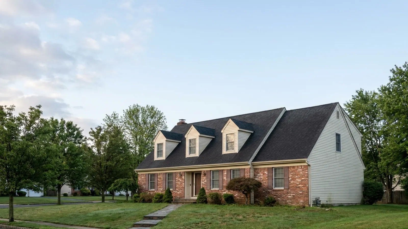 Two-story colonial home with three gabled dormers on a steep asphalt shingle roof, photographed from the front lawn in soft morning light with open sky above