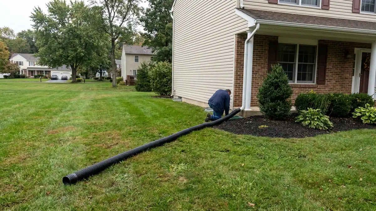 White downspout with a black extension carrying water away from a house across a lawn