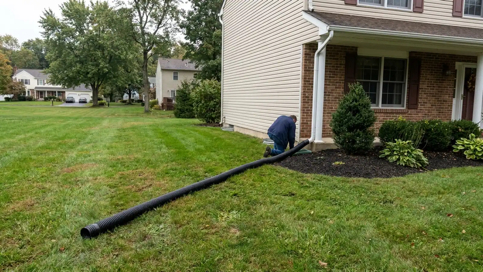 White downspout with a black extension carrying water away from a house across a lawn
