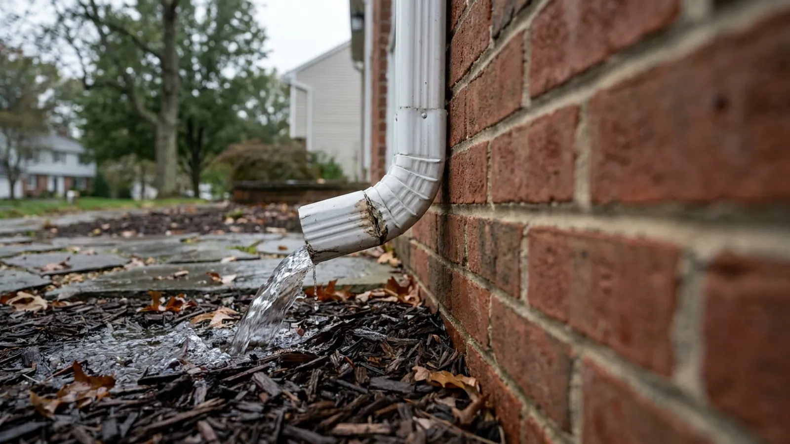 Close-up of a white aluminum downspout elbow at ground level beside a brick foundation, water overflowing from the seam onto wet mulch and pavers