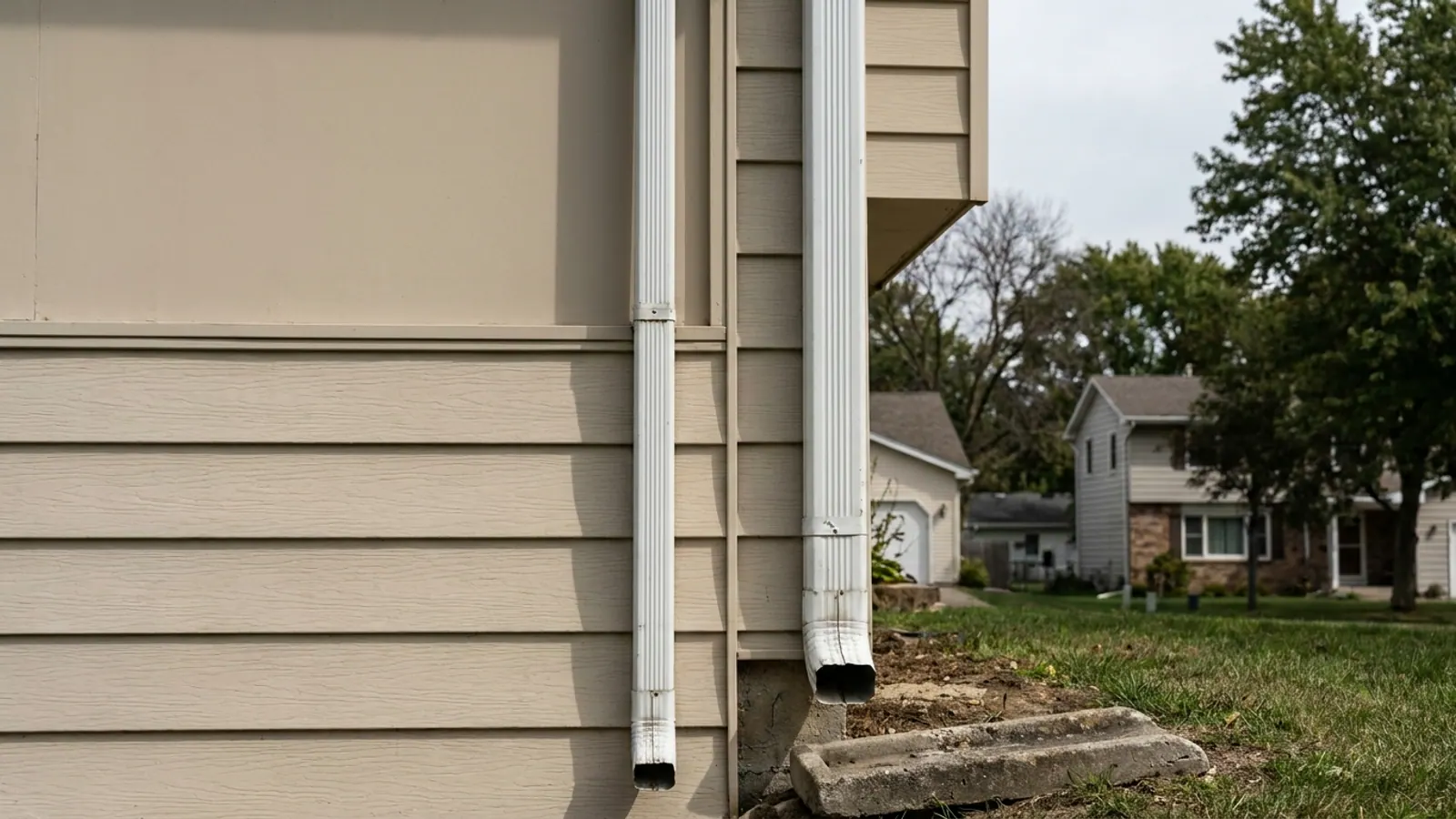 Close-up of two white aluminum downspouts running down a beige clapboard wall in daylight, one visibly narrower than the other, with a concrete splash block at the base