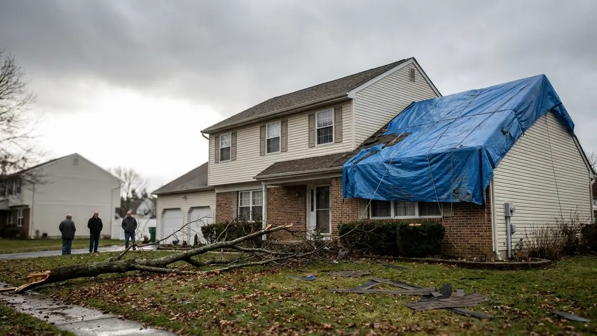 Two-story house after a storm with a heavy blue tarp strapped over a damaged section of shingle roof, a broken tree limb on the lawn and shingle debris scattered across the grass under a clearing gray sky