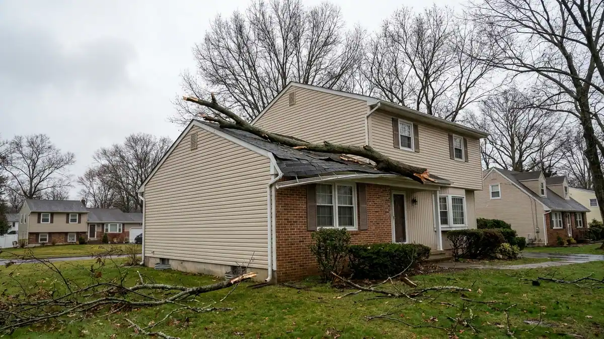 Large tree limb resting across the edge of a suburban roof with broken shingles and a bent gutter, branches scattered on the lawn below under gray post-storm light