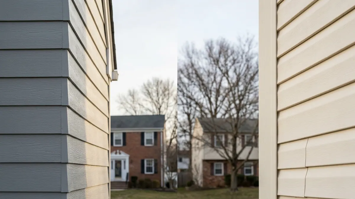 Two exterior wall corners side by side in morning light, one clad in gray lap fiber cement and one in cream vinyl siding, showing the texture difference between the two materials