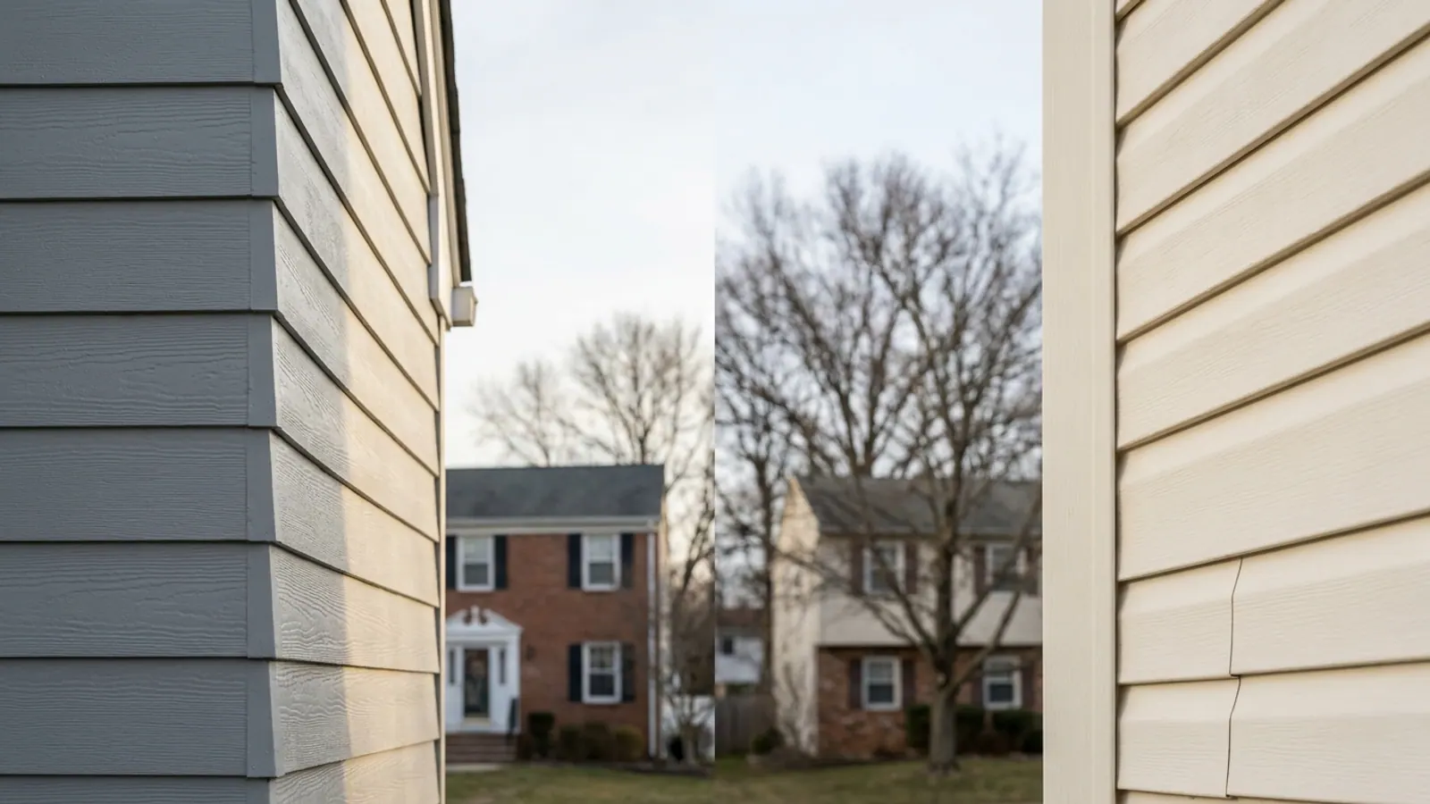 Two exterior wall corners side by side in morning light, one clad in gray lap fiber cement and one in cream vinyl siding, showing the texture difference between the two materials