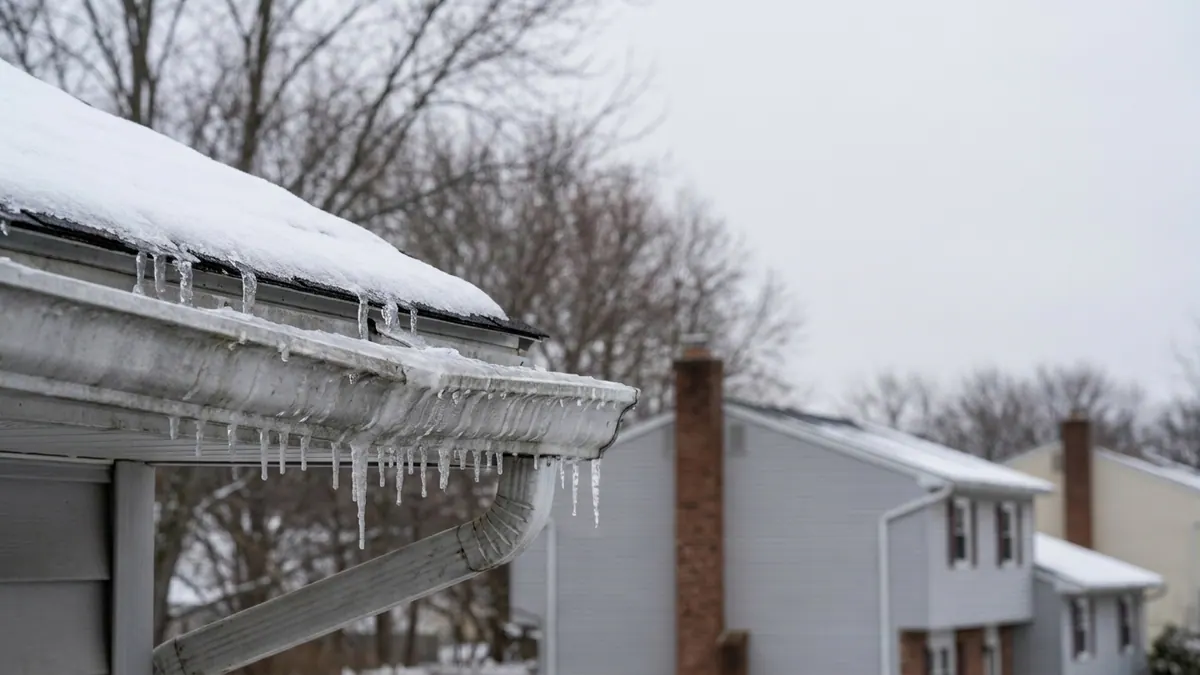 Aluminum gutter along a residential eave packed with ice with short icicles hanging from the lip, snow on the shingles above, flat overcast winter light
