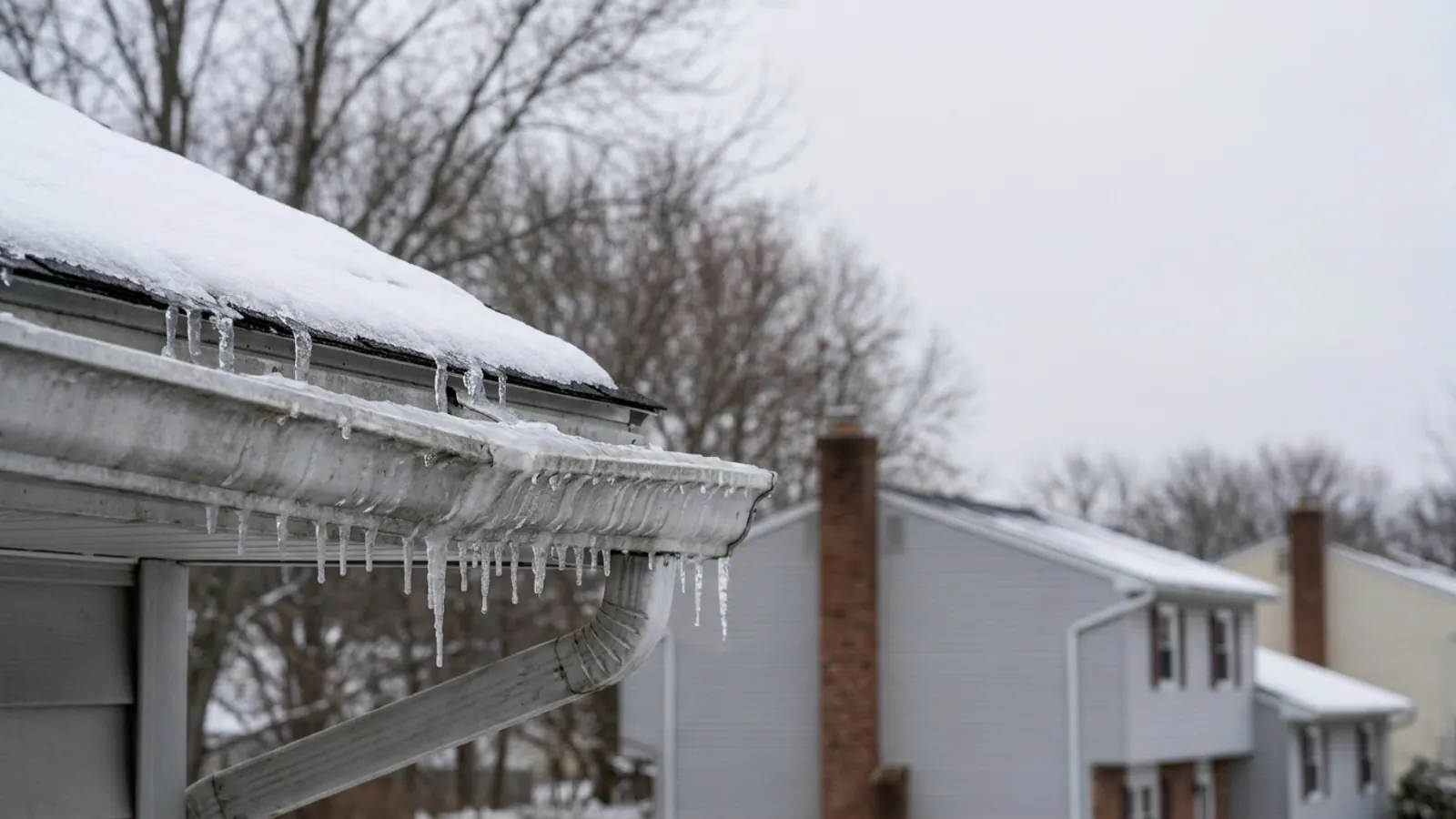 Aluminum gutter along a residential eave packed with ice with short icicles hanging from the lip, snow on the shingles above, flat overcast winter light