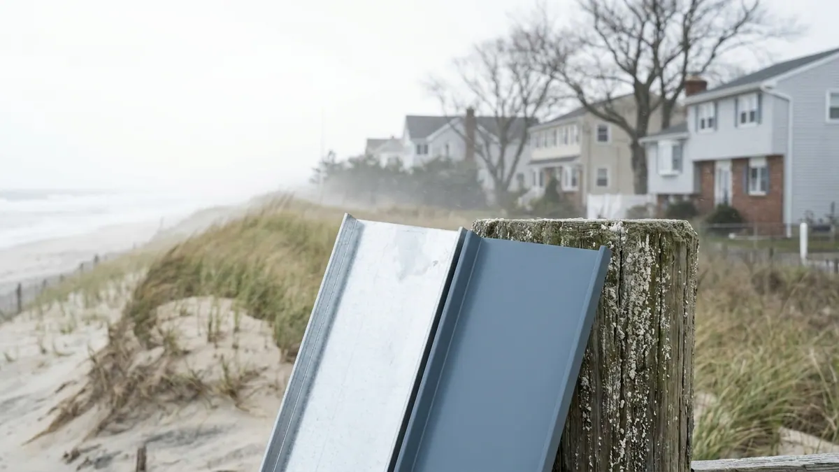 Two standing seam metal roof panel samples leaning against a weathered wooden piling, one bare silvery metal and one painted, with blurred dune grass and open sky behind them