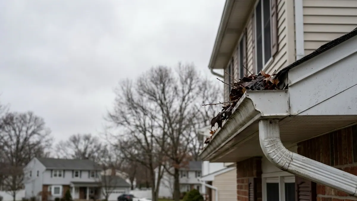 White aluminum gutter half full of wet oak and maple leaves along a roof edge, mature trees blurred behind under overcast light