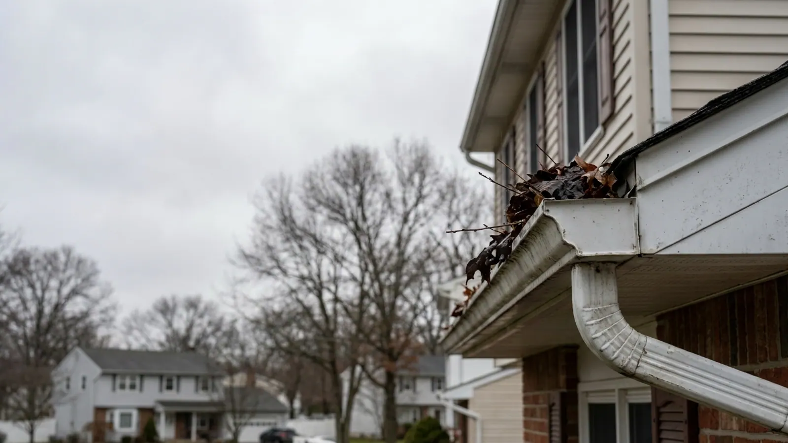 White aluminum gutter half full of wet oak and maple leaves along a roof edge, mature trees blurred behind under overcast light