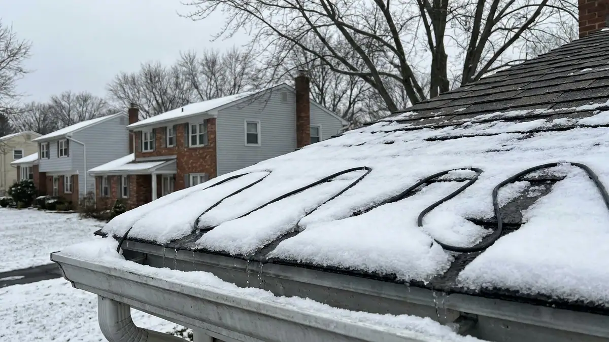 Close-up of a snow-covered roof edge with a black heating cable zigzagged along the lower shingle course and running into the gutter, with melted channels in the snow under flat winter daylight