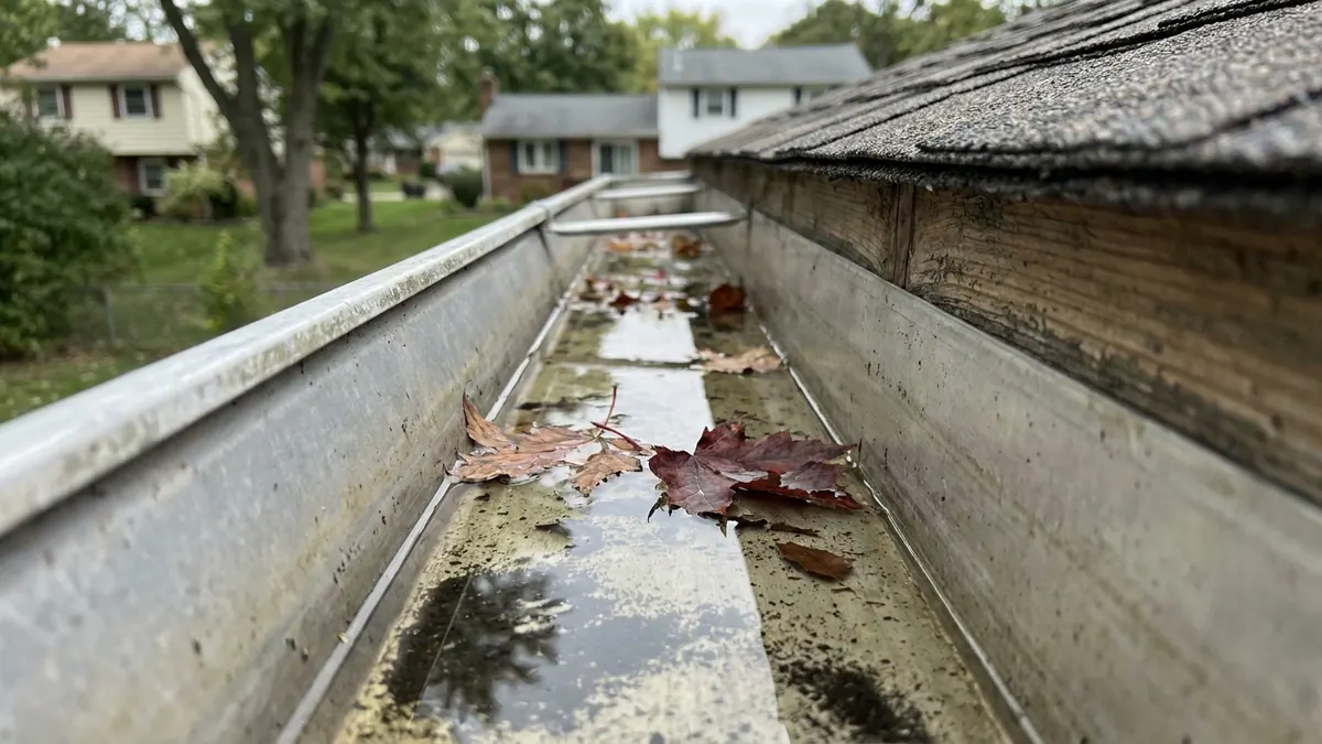 Close-up looking down into an aluminum gutter trough holding a shallow pool of water with a few fallen leaves and fine sediment, shingle edge and fascia visible