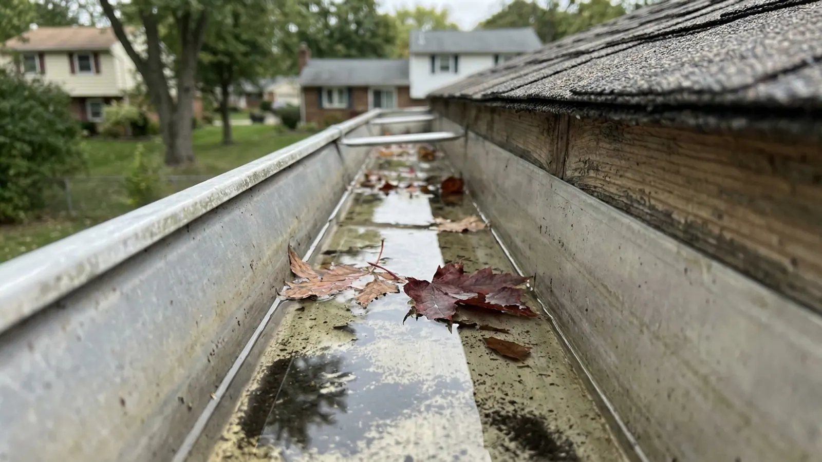 Close-up looking down into an aluminum gutter trough holding a shallow pool of water with a few fallen leaves and fine sediment, shingle edge and fascia visible