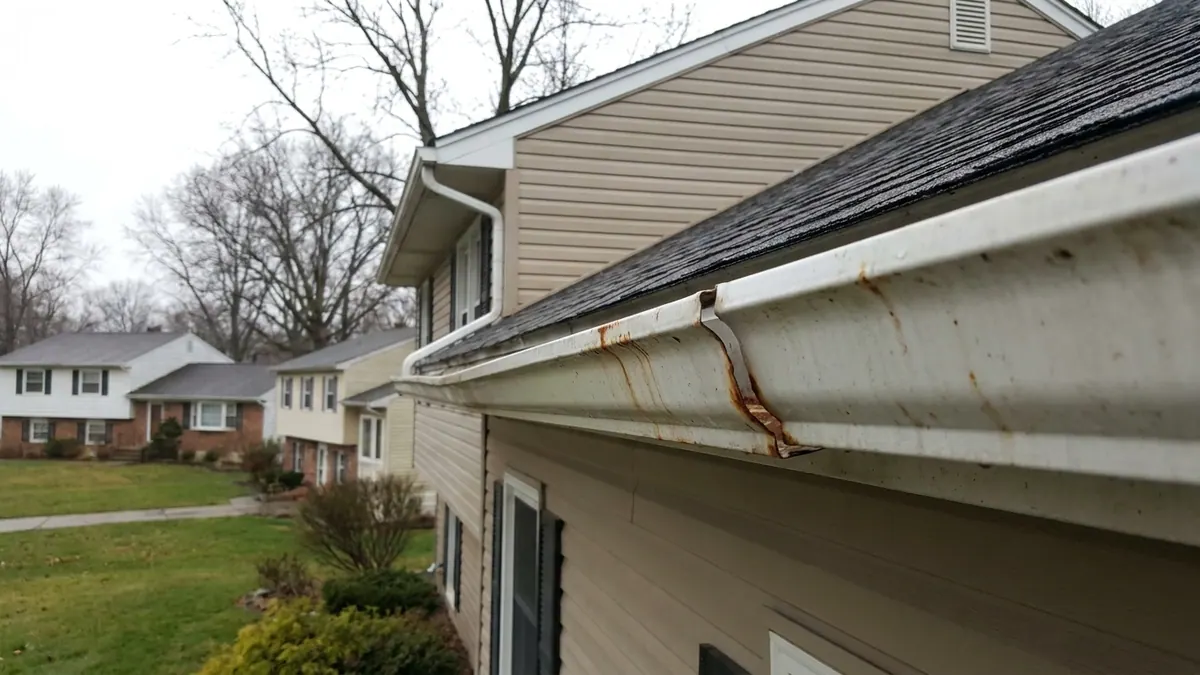 Close-up of a white K-style aluminum gutter along a roof eave with a separated seam and rust staining, blurred green lawn below and overcast sky above