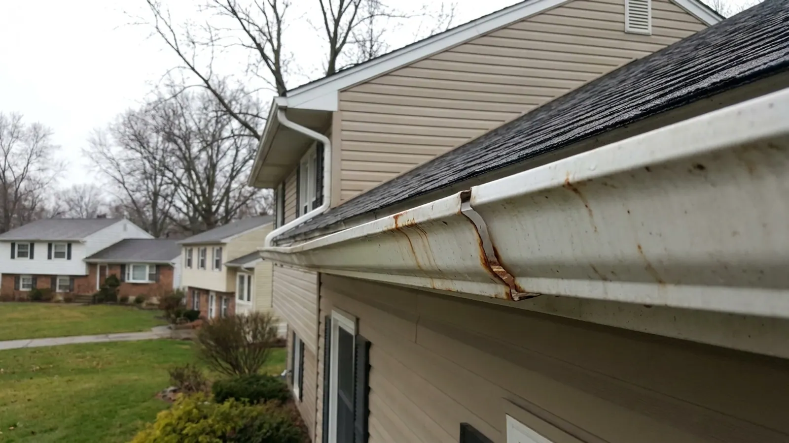 Close-up of a white K-style aluminum gutter along a roof eave with a separated seam and rust staining, blurred green lawn below and overcast sky above