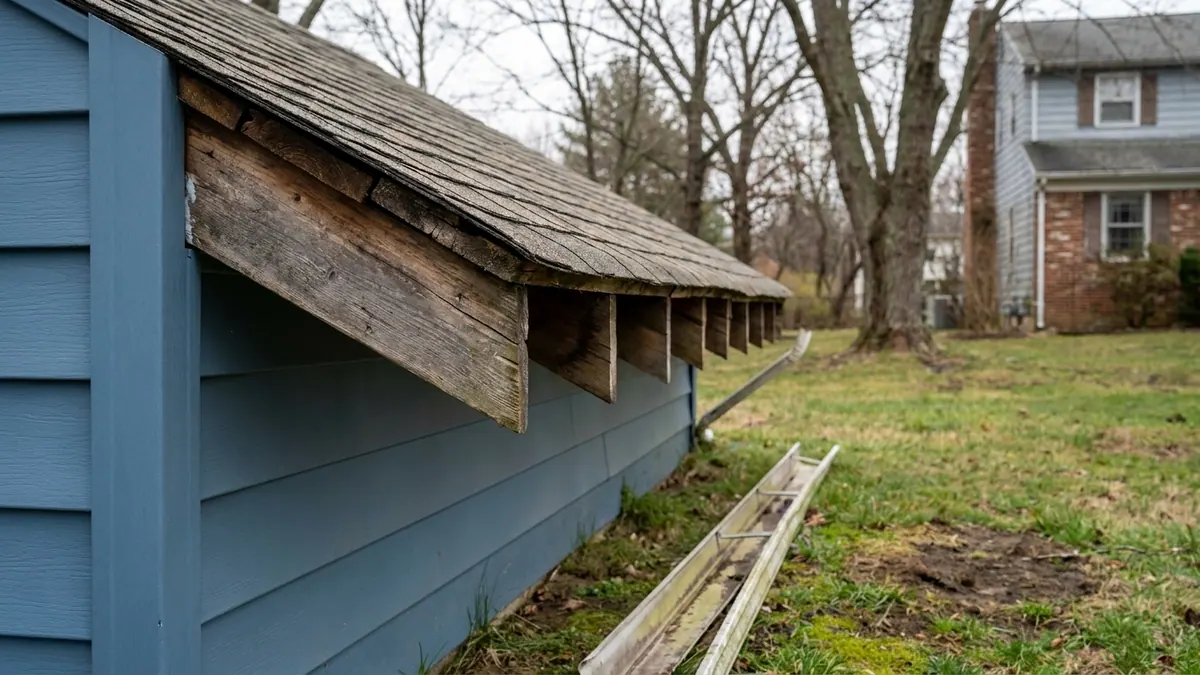 Close-up of a roof edge with weathered exposed rafter tails and no fascia board, a section of aluminum gutter lying on the grass below, plain blue siding at left