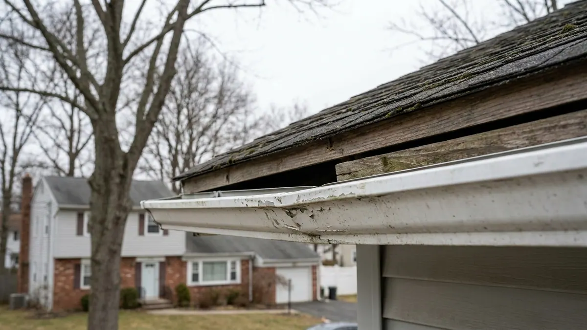White aluminum gutter sagging away from a wood fascia board with a visible gap behind it