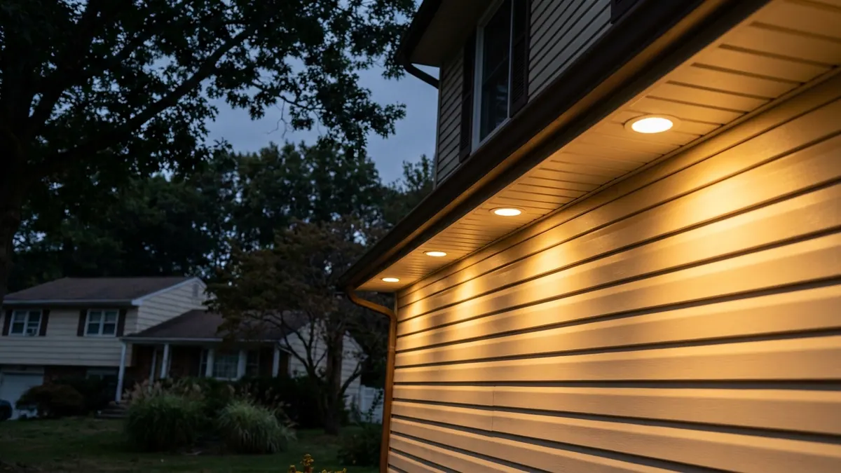 Recessed soffit downlights glowing under a home's eave at dusk with a seamless aluminum gutter running beneath and warm light washing down the siding