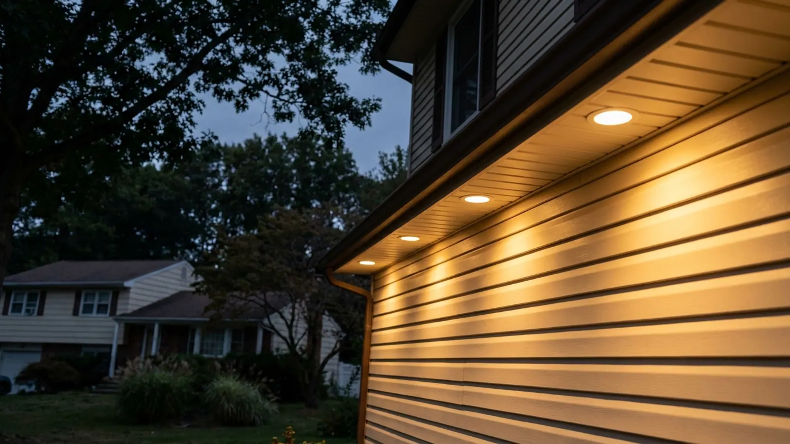 Recessed soffit downlights glowing under a home's eave at dusk with a seamless aluminum gutter running beneath and warm light washing down the siding