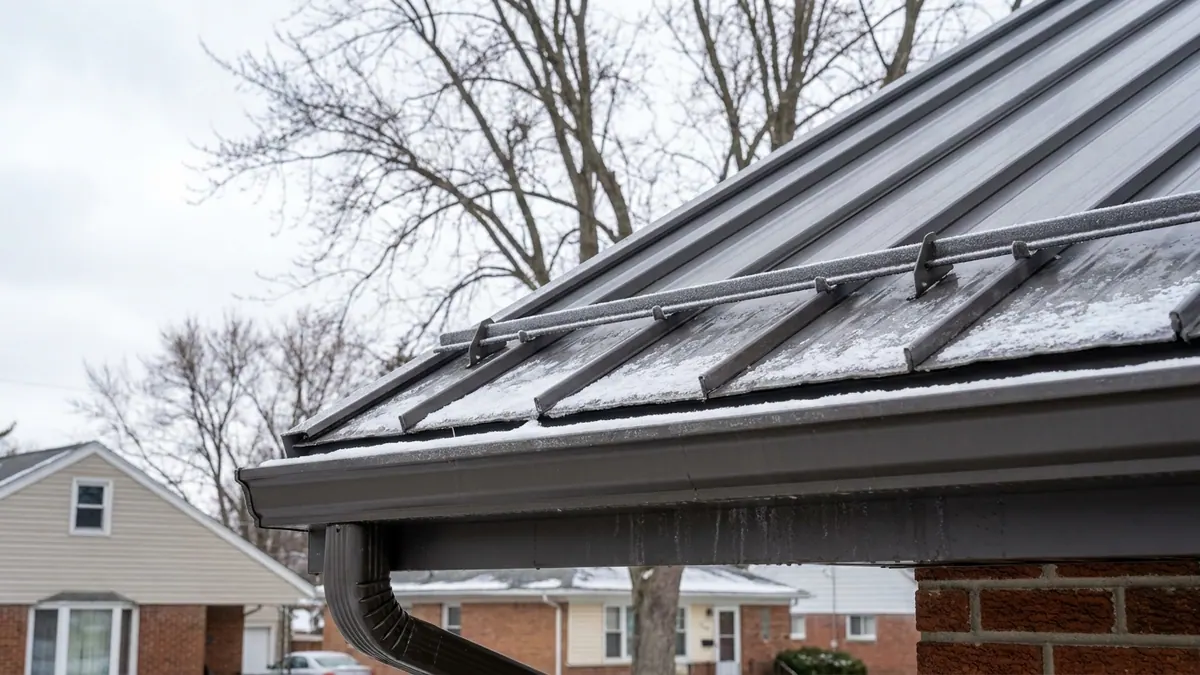 Dark standing seam metal roof eave with a seamless aluminum gutter mounted below it, a row of snow guards on the panels above and a downspout outlet, bare branches and pale winter sky behind